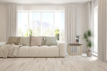 Fototapeta premium Minimalist living room in white color with sofa and summer landscape in window. Scandinavian interior design. 3D illustration