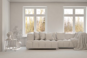 White minimalist living room with sofa. Scandinavian interior design. 3D illustration