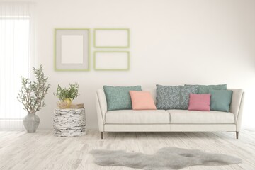 White living room with sofa. Scandinavian interior design. 3D illustration