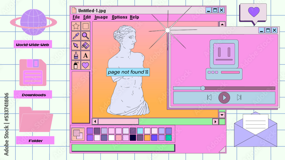Leinwandbilder Retro vaporwave user interface with modal dialog window box of a graphic design software and editor program and picture of a Venus statue in pastel cute colors.