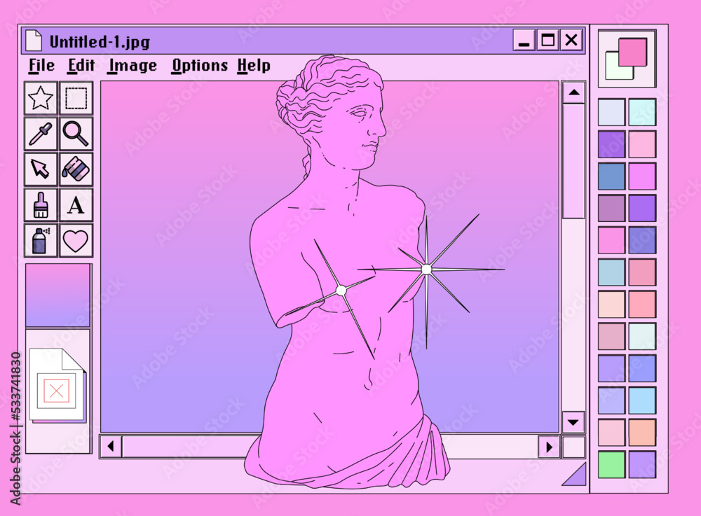 Fototapete Retro vaporwave user interface with modal dialog window box of a graphic design software and editor program and picture of a Venus statue in pastel cute colors.