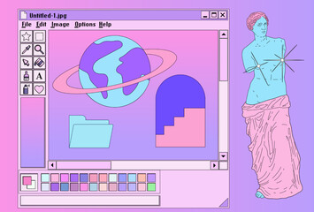 Retro vaporwave user interface with modal dialog window box of a graphic design software and editor program and picture of a Venus statue in pastel cute colors. - obrazy, fototapety, plakaty