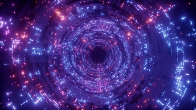 An endless round tunnel of futuristic technology and glowing neon lights on a seamless loop.
