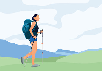 Adventure woman tourist enjoying hiking in the mountains with Nordic poles and backpack flat illustration vector