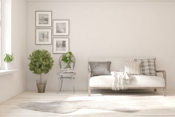 White living room with sofa. Scandinavian interior design. 3D illustration