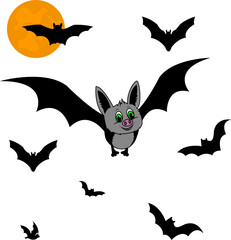 Full moon and bats, Halloween background. Cute cartoon bat.