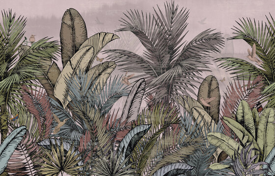 Pattern Wallpaper Jungle Tropical Drawings Of  Palms Trees And Birds Of Different Colors With Birds And  Pink Background