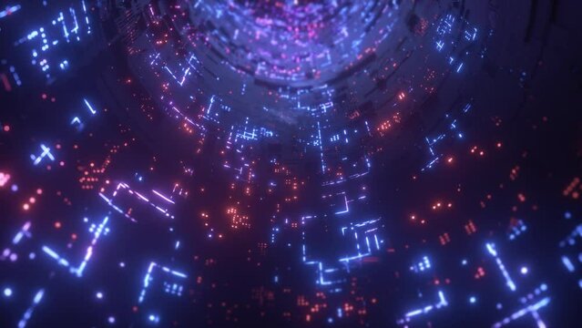 An endless round tunnel of futuristic technology and glowing neon lights on a seamless loop.