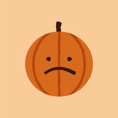 Halloween Pumpkin Confused Emoticon, Cute Orange Face Emote with Open Eyes and a Skewed Frown. October Holidays Jack O Lantern Isolated Vector.