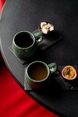 warm drinks with halva and passion fruit in the cafe