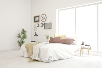 Soft color bedroom interior. Scandinavian design. 3D illustration