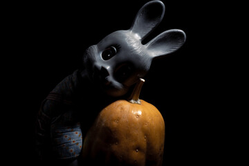 A spooky toy rabbit snuggled up to an orange pumpkin. Creepy bunny and big yellow pumpkin