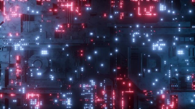 This stock footage shows a futuristic digital data surface with circuits and neon glowing lights on seamless loop