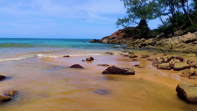Naithon Beach bay panorama with turquoise clear water Phuket Thailand.