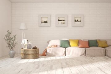 White living room with sofa. Scandinavian interior design. 3D illustration