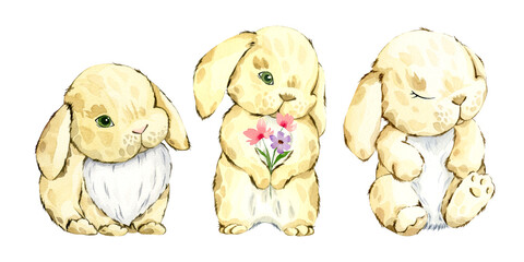 Watercolor cute bunnies set. Hand drawn Easter bunny illustration.