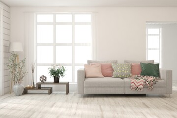 White living room with sofa. Scandinavian interior design. 3D illustration