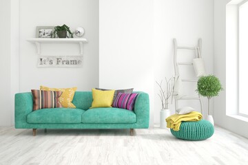 White living room with colorful sofa. 3D illustration