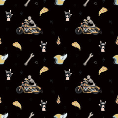 Seamless pattern with a skeleton on a motorcycle and other elements. For t shirt prints and other uses.