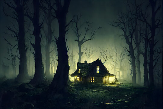 Haunted Log Cabin in a Dark Creepy Forest Concept Art