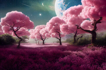 Fantasy Sci-Fi cherry blossom grove concept art on foreign planet in space