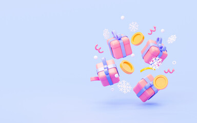 Christmas gifts with coins and snowflakes. New Year's sale and gift buying. 3d rendering illustration.