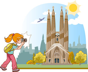 photographer girl takes picture of Sagrada Familia