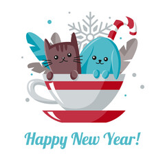 A Christmas card with a cute rabbit and a kitten. Cartoon animals in a mug. Holiday illustration flat style