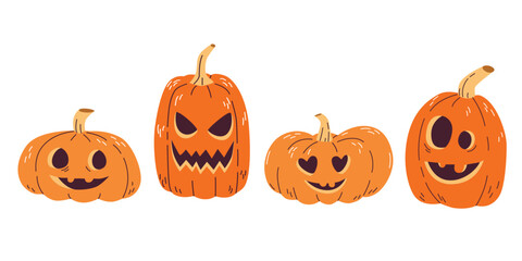 Set orange pumpkin with funny faces for the holiday Halloween. Vector illustration.