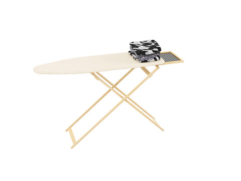 3D illustration of an ironing board with things on white background with shadow