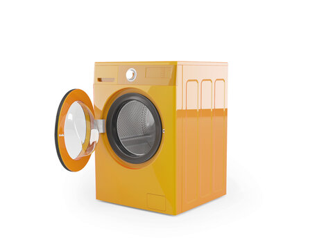 3D illustration of an orange washing machine on white background with shadow