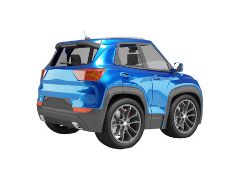 3d illustration of blue car rear view on white background no shadow
