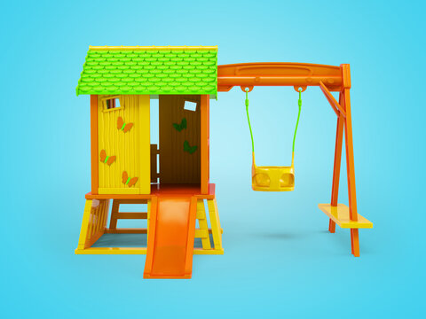 3d illustration of playhouse with swing for development on blue background with shadow