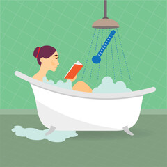 Woman in bath tub with shower and thermometer, shower temperature concept