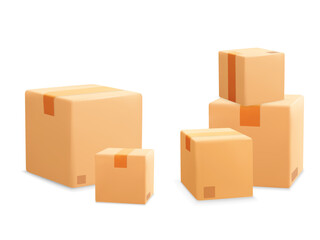 Collection of 3d vector realistic render pile of stacked cardboard parcel mockup icon. Template of shopping packages for good and paper boxes isolated on white background. Fast delivery, free shipping