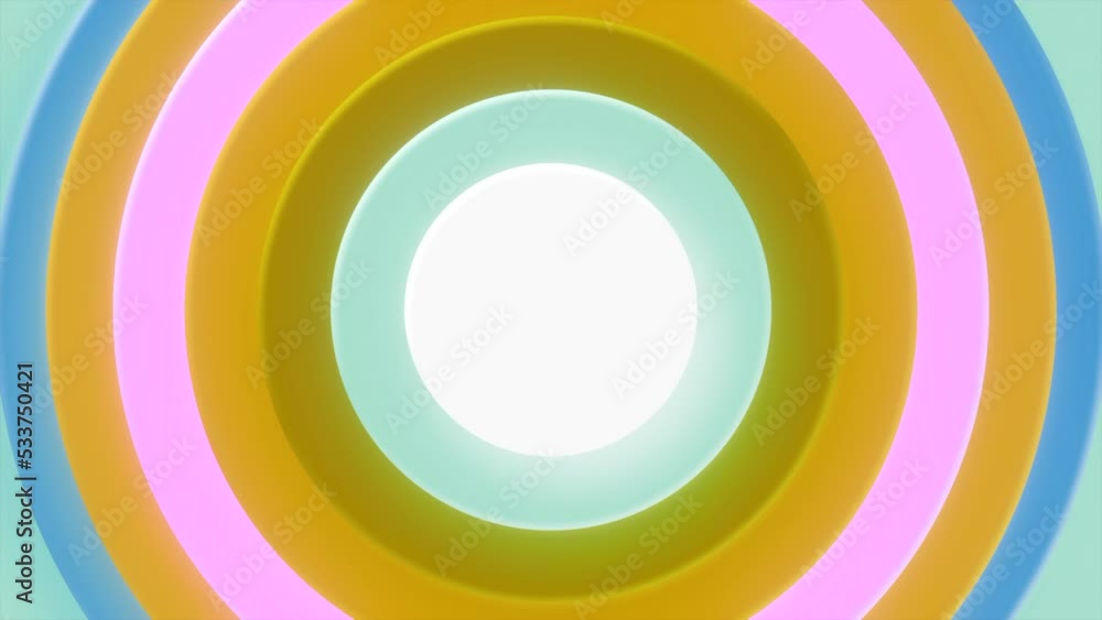 Poster Background of pulsating colored rings. Motion. Colored circles pulsate in slow rhythm. Background of colored circles moving centrally and pulsating