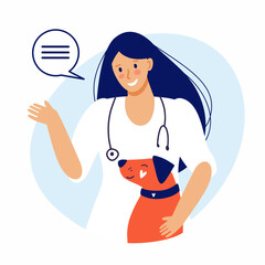 The veterinarian girl greets, waves and hugs the dog