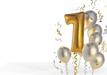 Composition of holiday balls with numbers. Number one balloon and plain confetti balloons. 3d rendering.