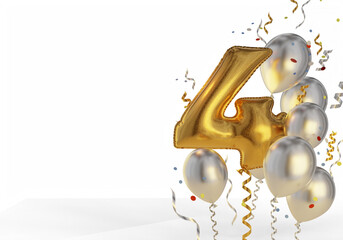 Composition of holiday balls with numbers. Number four balloon and plain confetti balloons. 3d rendering.
