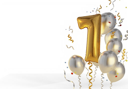 Composition of holiday balls with numbers. Number one balloon and plain confetti balloons. 3d rendering.