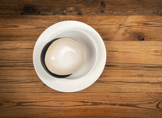 Various Bowl Stack Mockup on Rustic Wooden Texture Background