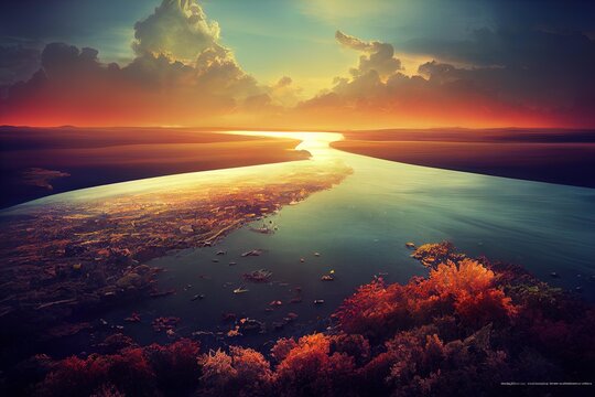 the sun is setting over a body of water, a beautiful lake in the middle of the picture with a sunset over it.