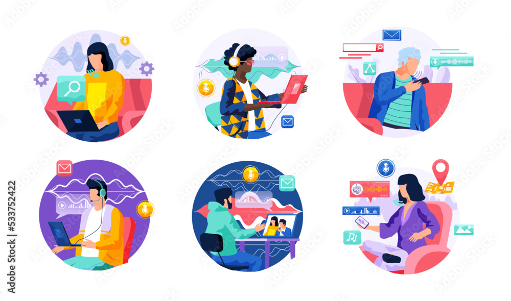 Poster voice assistant. smart speaker virtual assistant, sound robot, people using voice controlled smart s