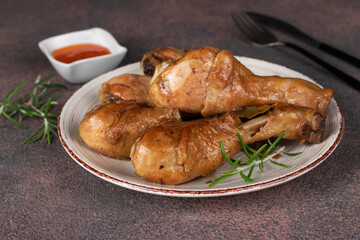 Baked chicken drumsticks in soy sauce with honey and rosemary on round plate on brown background