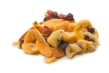 Mix of dried exotic fruit, mangos,slices of pineapples, passion fruit, papaya.