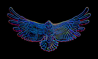 Eagle in neon light multicolored on a black background
