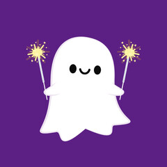 Happy halloween party greeting card with cute ghost. Holidays cartoon character. Trick or treat. Halloween funny cartoon.