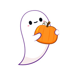 Happy halloween party greeting card with cute ghost. Holidays cartoon character. Trick or treat design with cute pumpkin. Halloween funny cartoon.