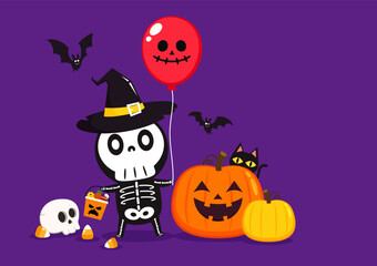 Cute halloween skeleton cartoon. Skeleton in halloween day. Halloween character cartoon. Happy halloween greeting card.