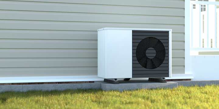 Photorealistic 3d render of a fictitious air source heat pump mounted to a concrete base with vibration dampers on the outside of a house.